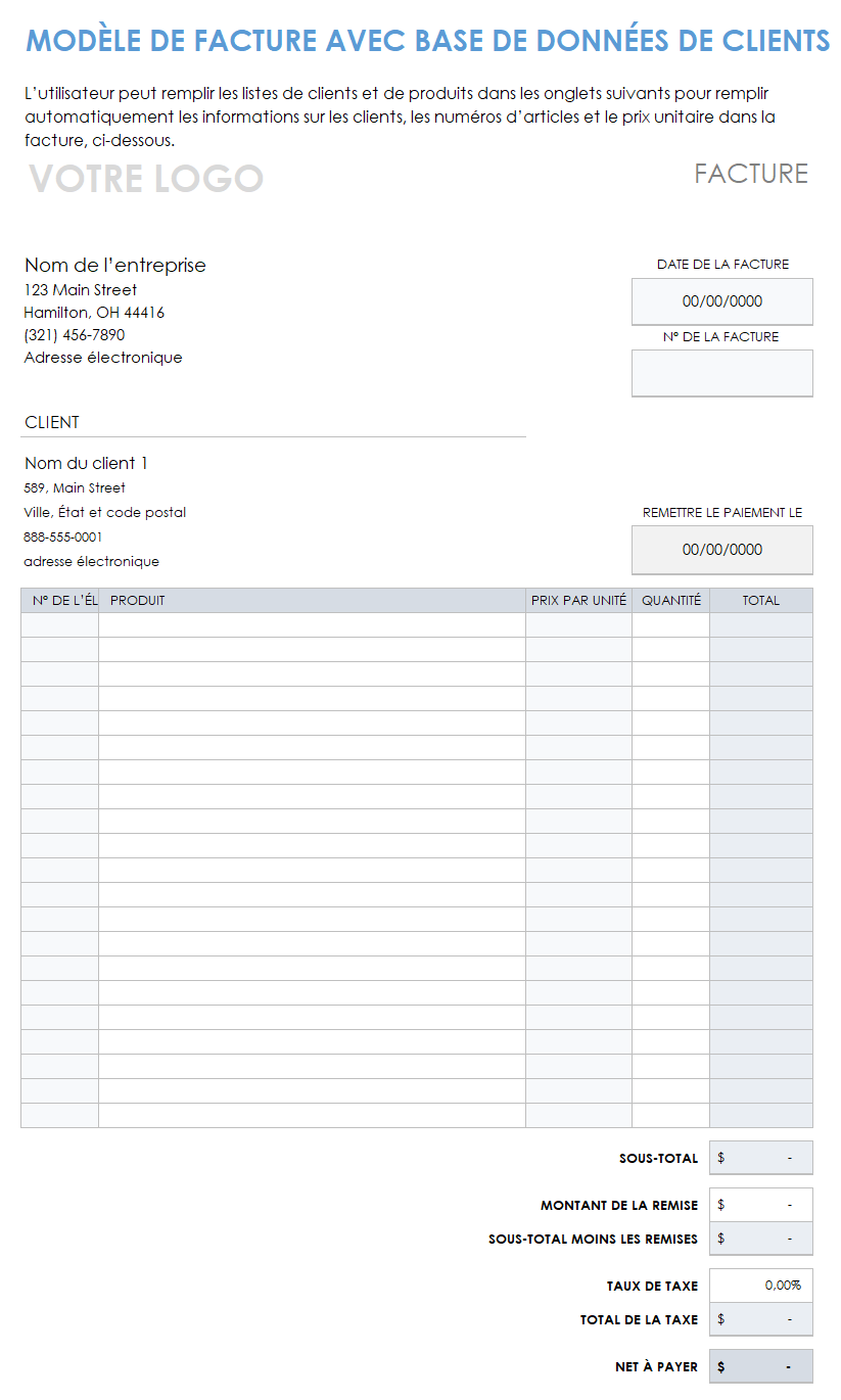 Modèle de facture avec base de données clients