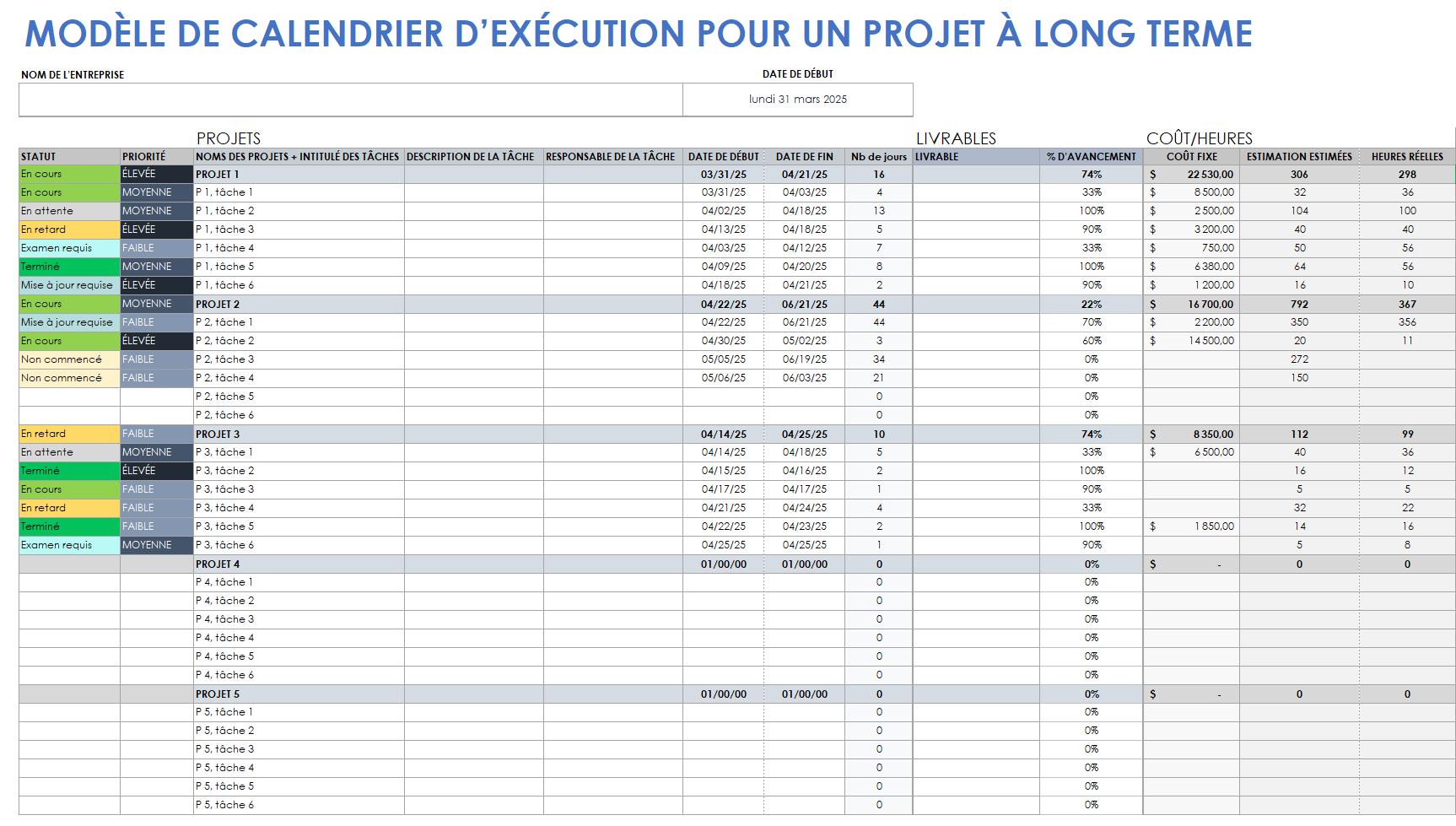  modèle de calendrier d'exécution de projet à long terme