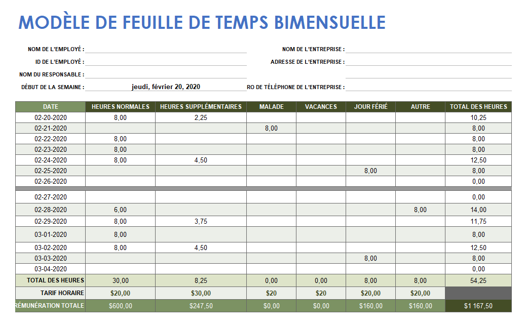  MODÈLE DE FEUILLE DE TEMPS BI-HEBDOMADAIRE