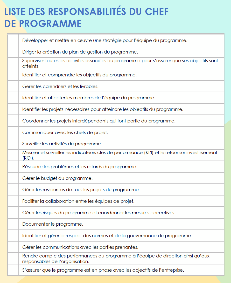 Liste des responsabilités du gestionnaire de programme