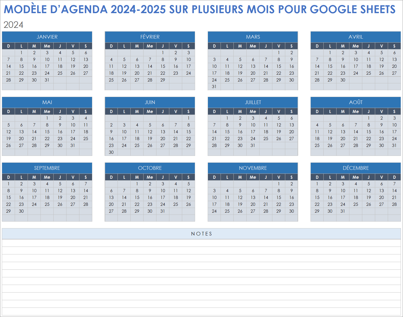  Modèle de calendrier de plusieurs mois 2024-2025 Google Sheets