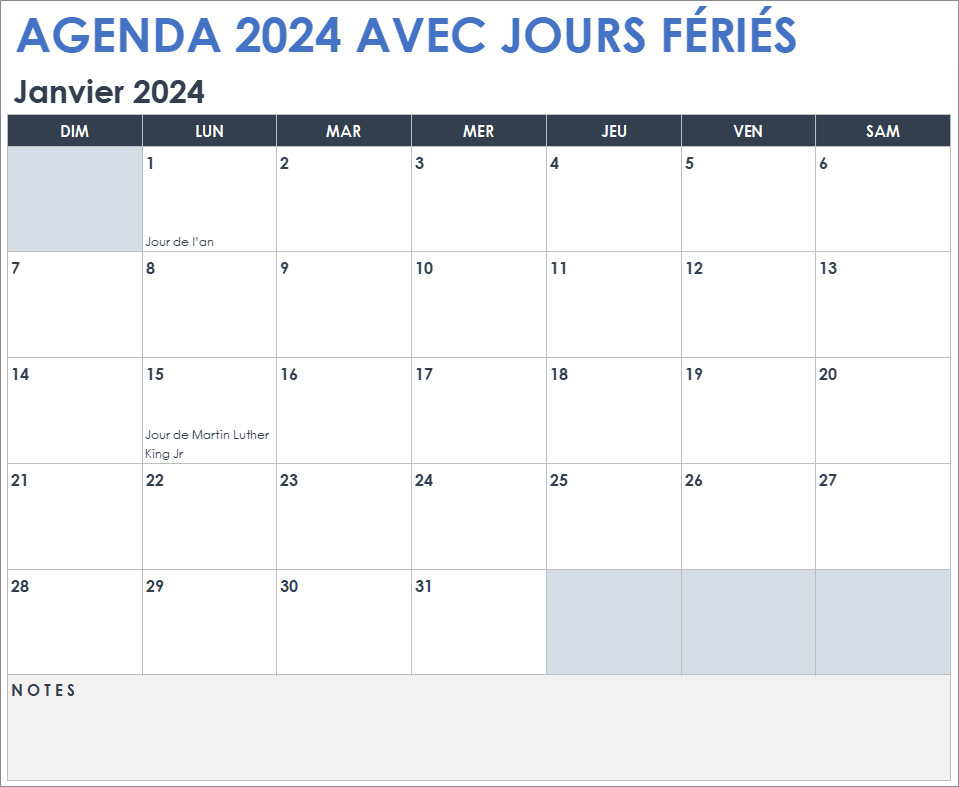  Modèle de calendrier 2024 avec jours fériés Google Sheets