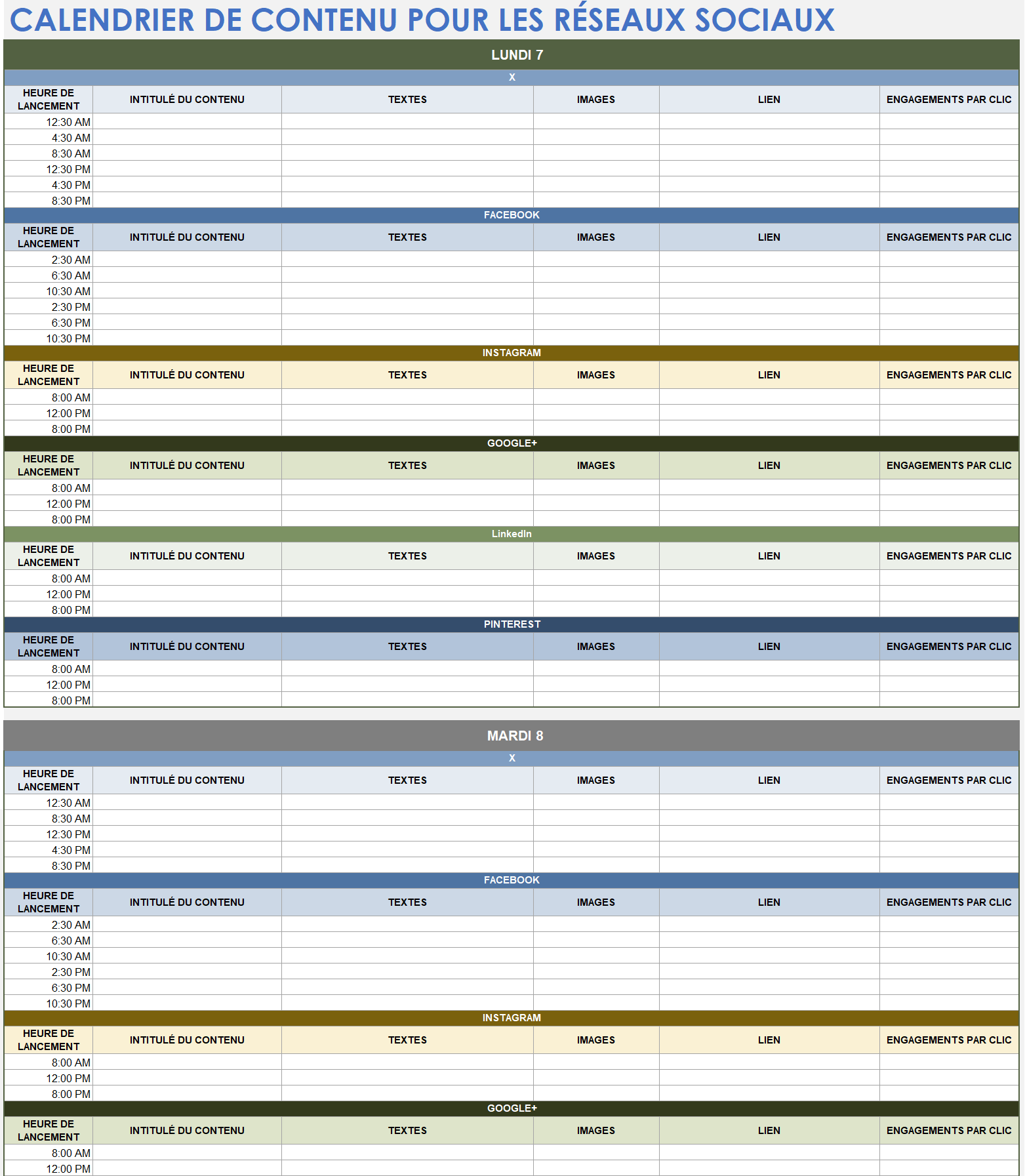 Modèle de calendrier de contenu de médias sociaux Google