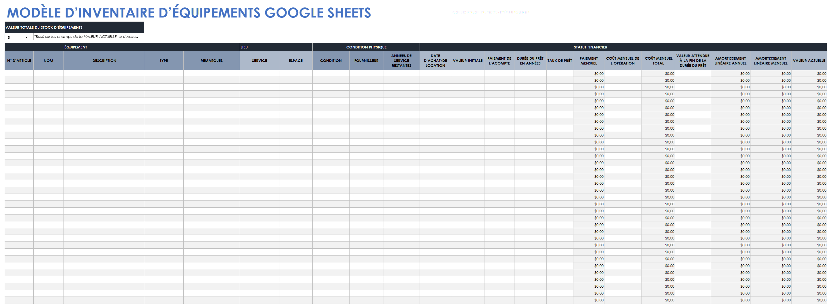 Modèle d'inventaire d'équipement de feuilles Google