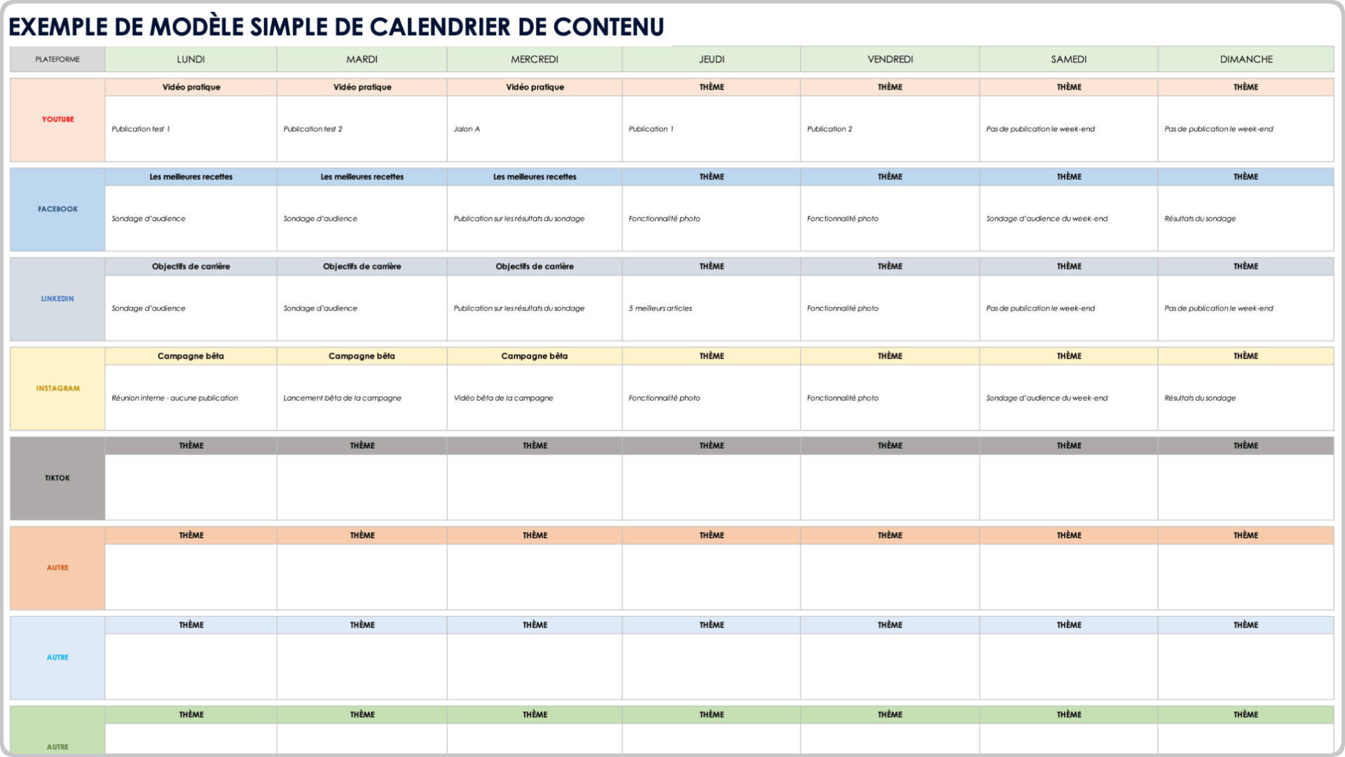 Exemple de modèle de calendrier de contenu simple pour les réseaux sociaux