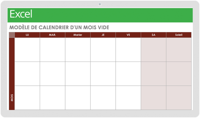 Calendrier vierge d'un mois commençant par lundi