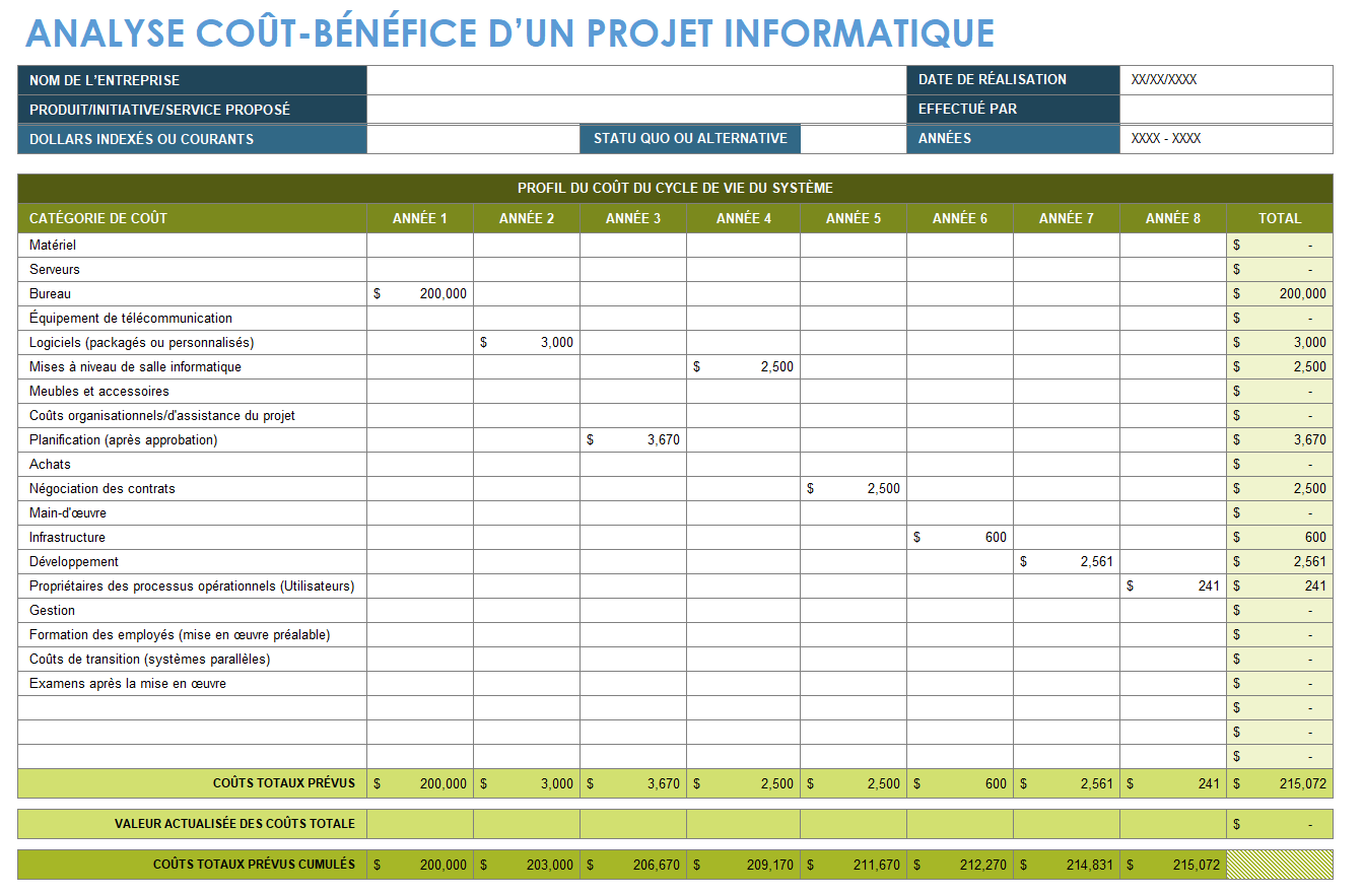 Modèle d'analyse coûts-avantages d'un projet informatique