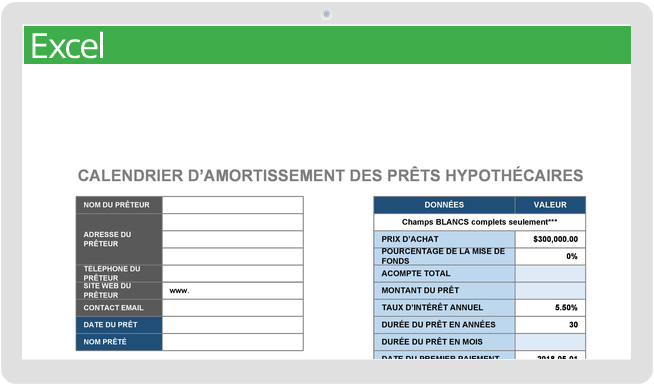 Calendrier du calculateur d'amortissement des prêts hypothécaires