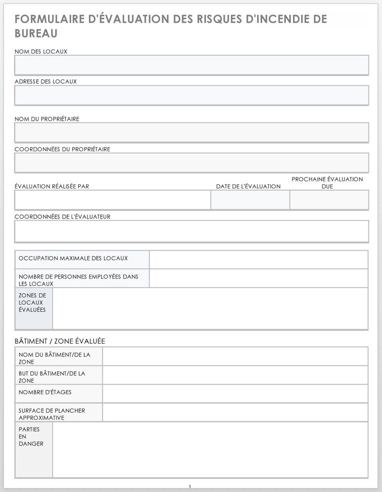 Formulaire d'évaluation des risques d'incendie au bureau