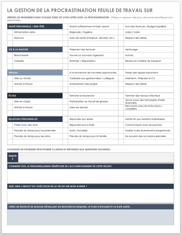 FICHE DE TRAVAIL SUR LA GESTION DE LA PROCRASTINATION