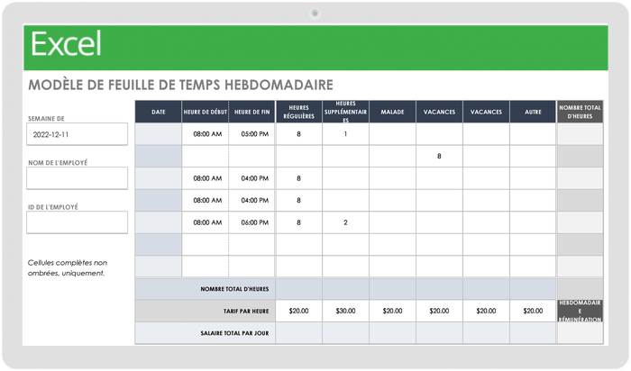 Modèle de feuille de temps hebdomadaire